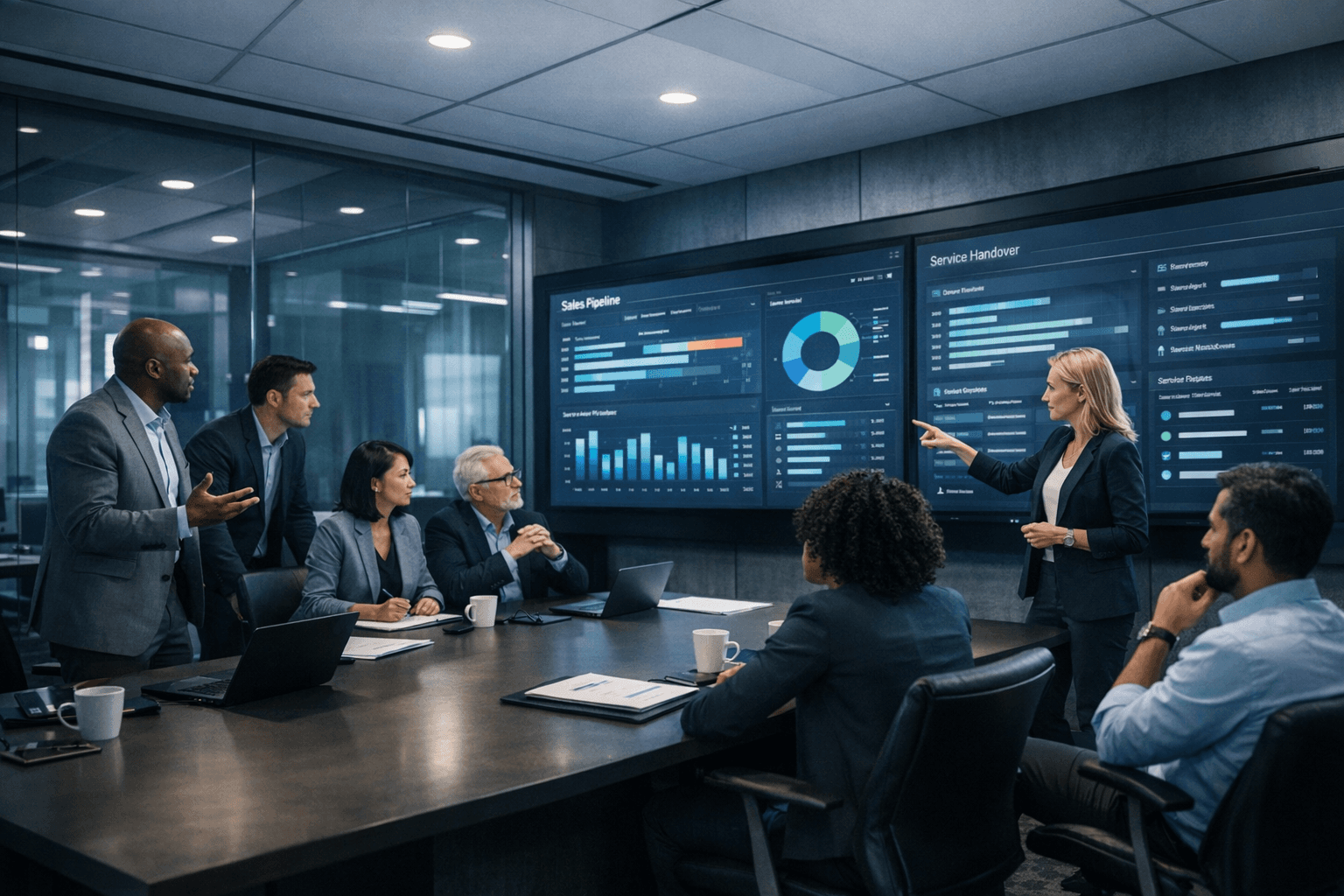 Sales- und Service-Team in einer Pipeline-Review